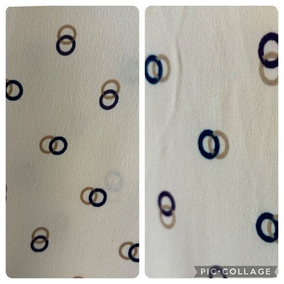 New Ann Taylor Cream Tan Navy Ring Print Blouse Top Elastic Cuff Split Neck Sz L - Picture 7 of 8